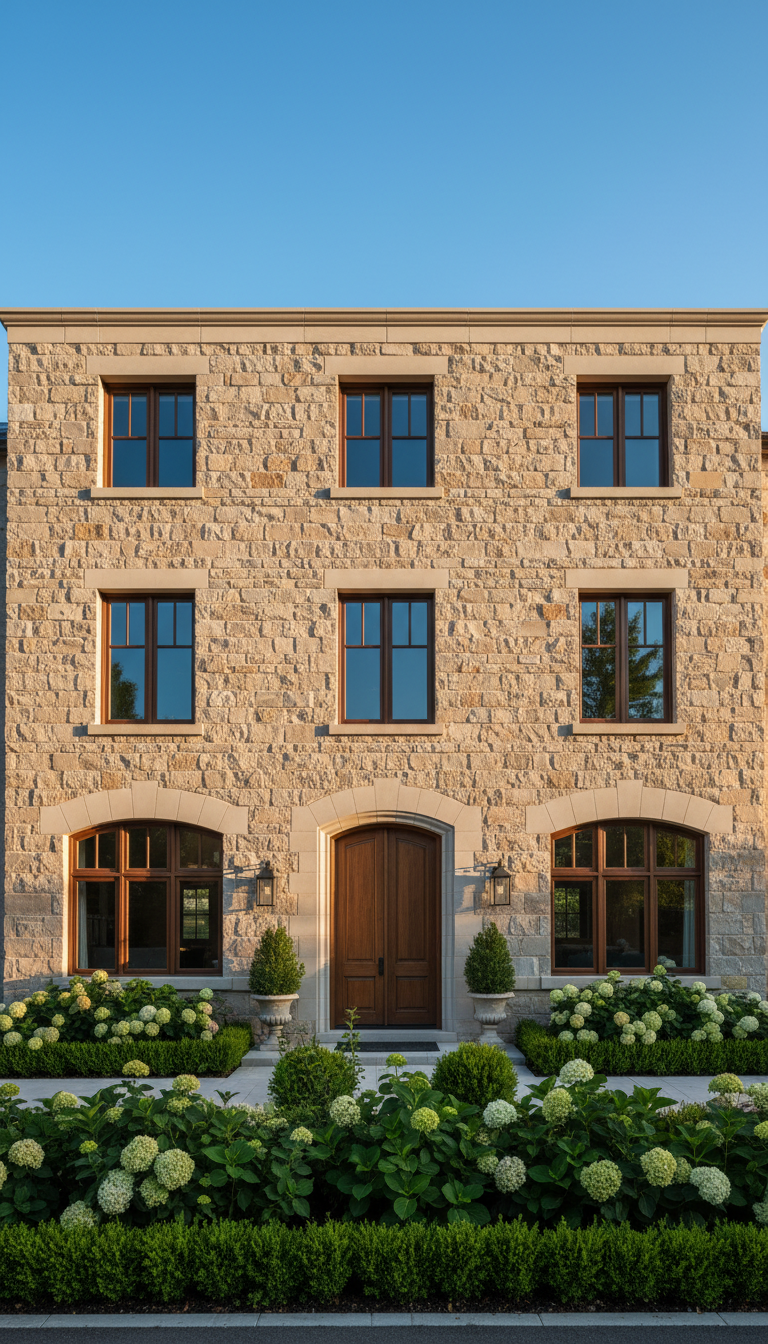 A beautifully restored stone exterior façade of a residential building, featuring natural limestone blocks with a textured, sandy finish and expertly repaired mortar lines. The façade stretches across the frame, set against a clear blue sky, with lush, well-maintained landscaping bordering the structure. Warm afternoon sunlight casts gentle, angled shadows that emphasize the stone’s depth and variation, creating a sense of enduring stability and reliability. The scene exudes professionalism, security, and timeless quality, captured at eye level with the building centered, balancing architectural symmetry and visual interest with a realistic, clean, and welcoming style.