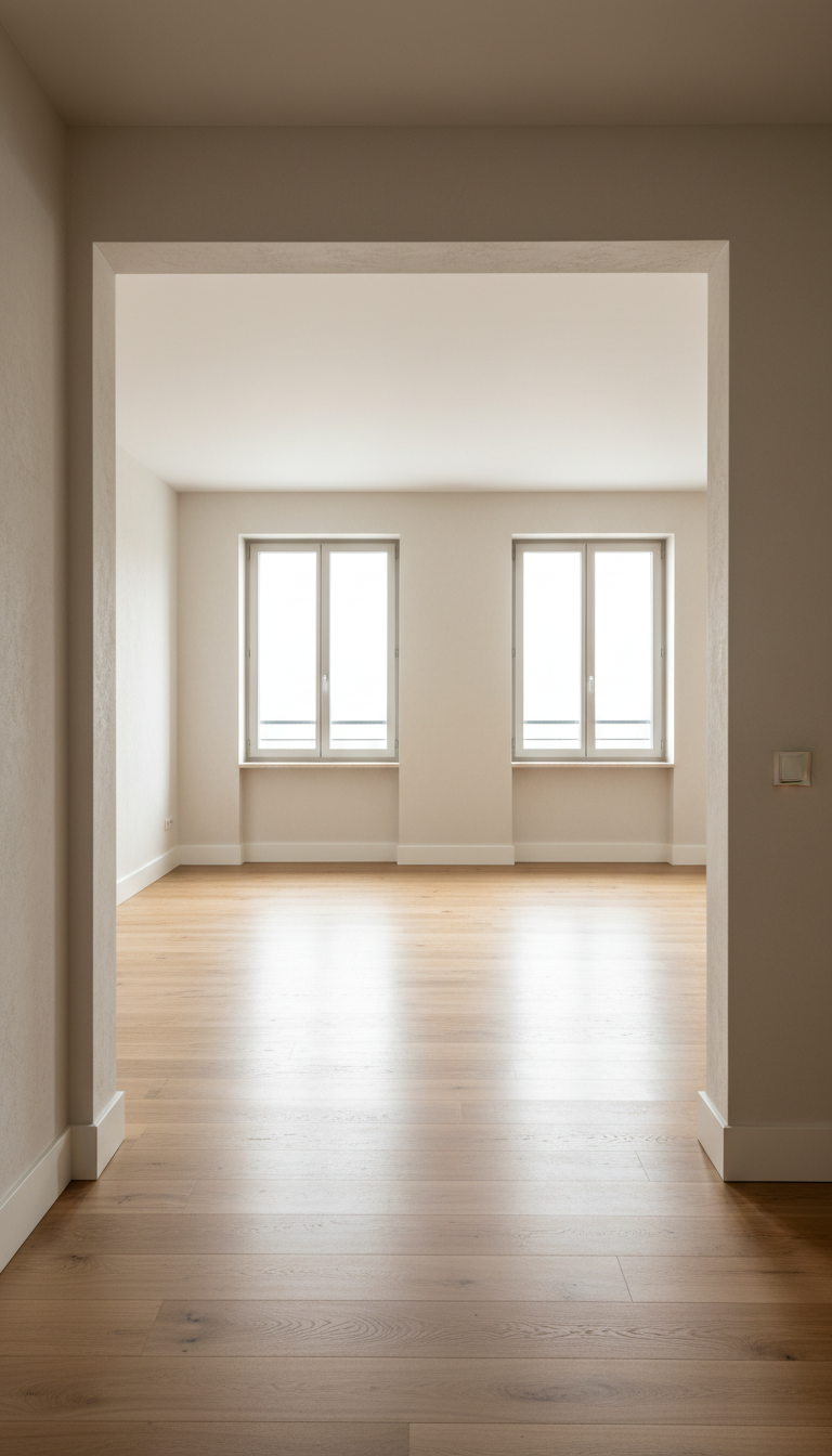 A freshly renovated, modern living room interior featuring smooth plaster walls in subtle off-white tones, pristine parquet floors with a rich, natural wood grain, and elegantly finished baseboards. In the setting, the room is immaculately staged, with clean lines and no extraneous furnishings, highlighting wide double windows framed by sleek aluminum casing. Bright, diffused daylight streams in, illuminating the space and creating gentle reflections on the floor and a welcoming, open feel. The atmosphere is calm and inviting, emphasizing craftsmanship and precision. Shot from a slightly elevated, wide-angle perspective, the composition draws viewers into the room. The artistic style is clean, contemporary, and photographic, reinforcing the expertise of a quality construction and renovations business.