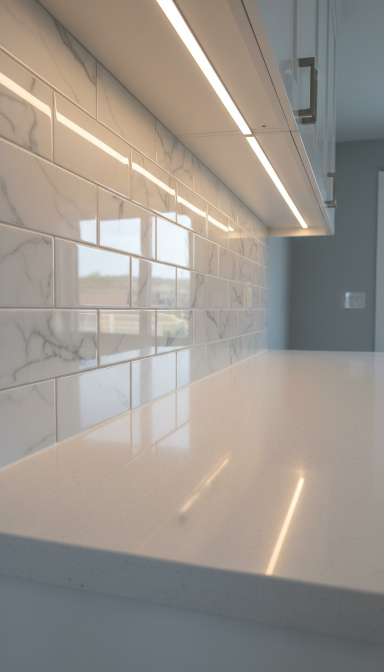 A detailed close-up of professionally laid ceramic kitchen backsplash tiles with subtle grey veining, perfectly aligned above a polished quartz countertop. The workspace setting is a freshly renovated kitchen corner, showcasing immaculate grout lines and crisp, seamless edges. Under-cabinet LED strip lighting casts a soft, focused glow, which gently highlights the tile’s glossy surface and creates elegant, subtle reflections. The mood is precise, meticulous, and quietly impressive, reflecting technical mastery. The camera frames the installation from a side angle, emphasizing texture and faultless craftsmanship, with a minimalist, modern style befitting a reputable construction company.