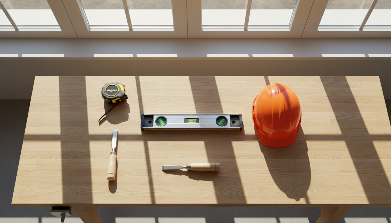 A highly organized construction tools arrangement on a newly installed, gleaming light oak workbench in a sunlit, dust-free workshop. The tools include a chrome-plated spirit level, bright orange safety helmet, precision tape measure, and freshly sharpened chisel, all neatly spaced in a tidy, systematic layout. Shafts of natural light filter through large windows, casting crisp, orderly shadows that underscore the attention to detail and preparation. The mood is industrious yet scrupulously precise, highlighting a professional approach to the building trade. The composition uses an overhead, bird’s-eye view, and a sharp, clean photographic style to inspire trust in skilled renovations and efficient teamwork.