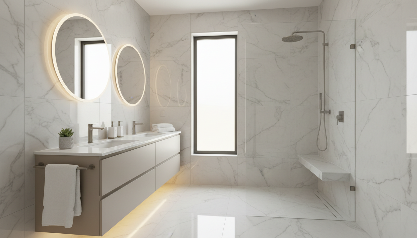 A serene, freshly renovated bathroom with gleaming, large marble-effect porcelain tiles in soft white and light gray, custom floating vanity with a smooth matte finish, and brushed nickel fixtures. The bathroom is styled with minimalist decor, reflecting excellent taste in material selection and functional spatial layout. Soft, indirect natural light filters through a frosted window, producing gentle highlights on tile and matte surfaces while creating a spa-like, peaceful atmosphere. Framed from a wide-angle, slightly elevated viewpoint, the sharp focus showcases both expansive surfaces and intricate installation detail, matching the modern, high-quality image of a leading renovations company.